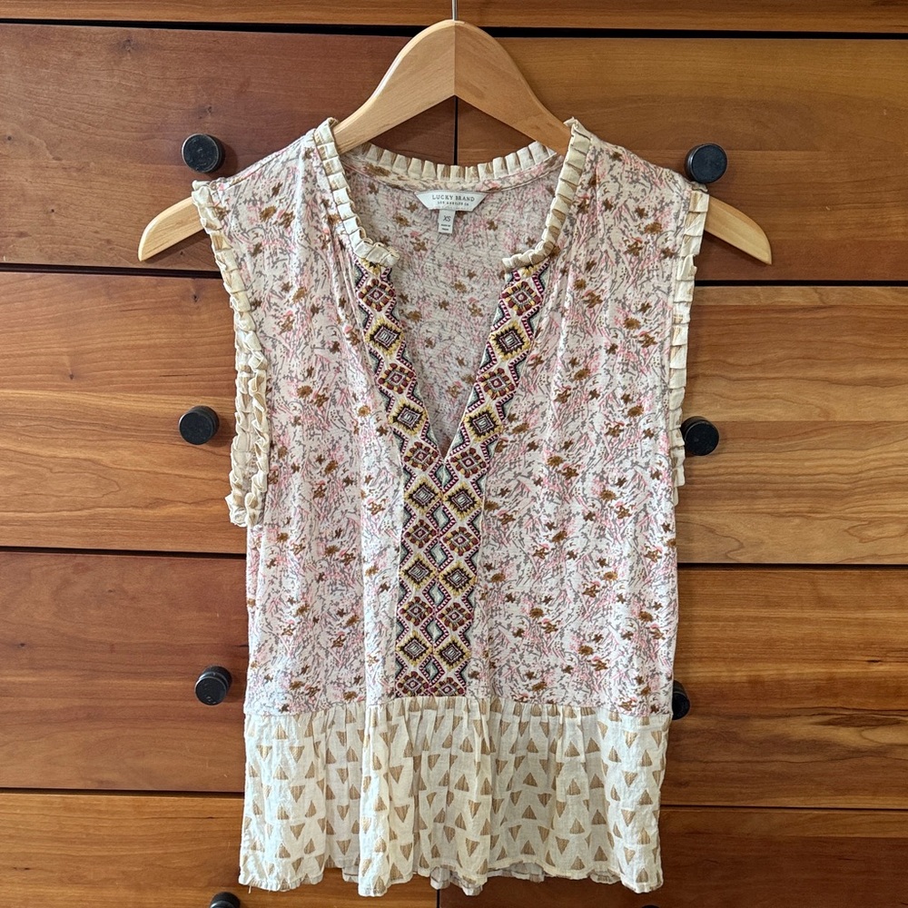 Lucky Brand Pink Floral Embroidered Sleeveless Blouse Size XS